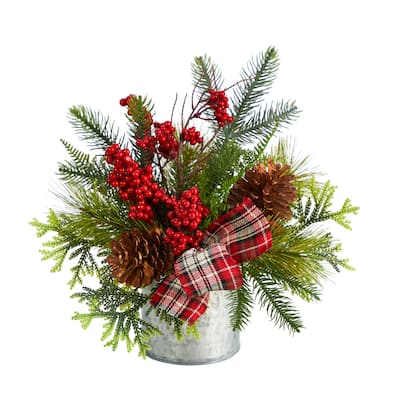 12” Pine Cones and Berries Artificial Christmas Arrangement in Decorative Vase