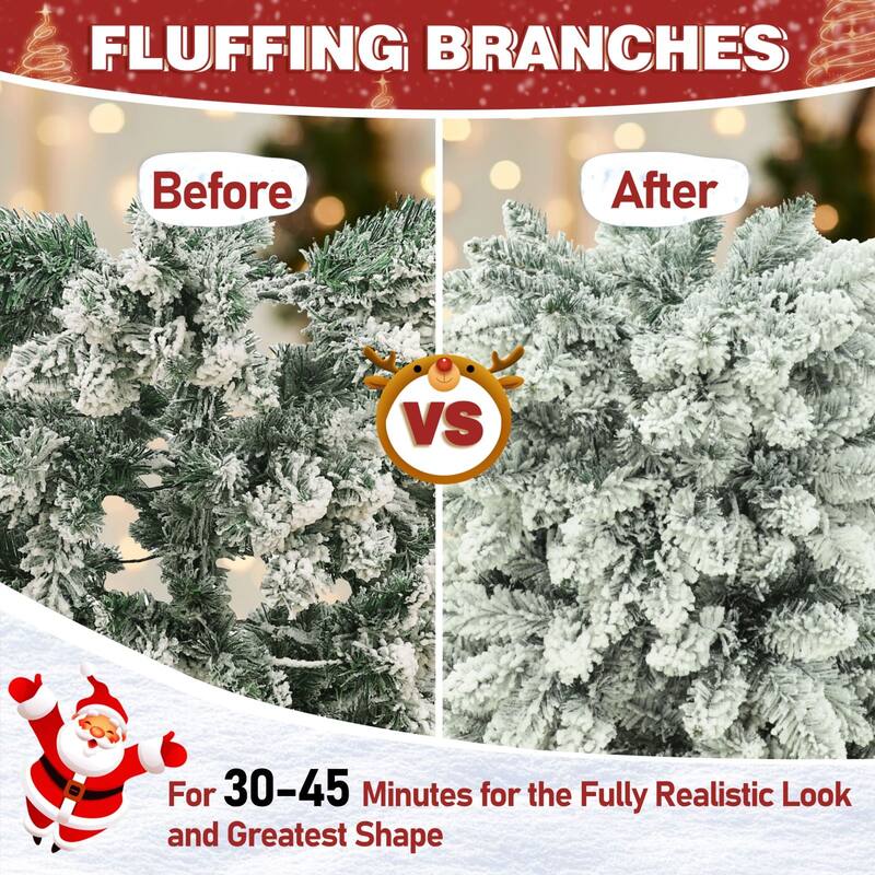 VEIKOUS Pre-Lit Artificial Christmas Tree Pencil Snow with Foldable Iron Stand with LED lights, 5.5/6.5/7.5 ft