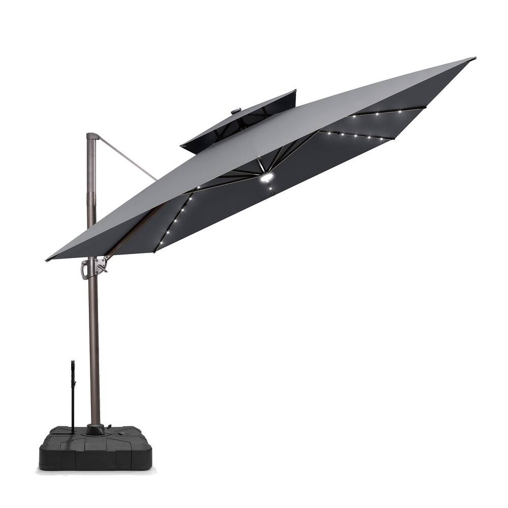 Pellebant 11 FT Square Outdoor Patio Double Top Cantilever Umbrella Solar LED Lighted with Rod Base