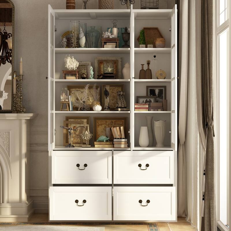 China Cabinet Tempered Glass Doors Storage Cabinet White Tall Bookcase