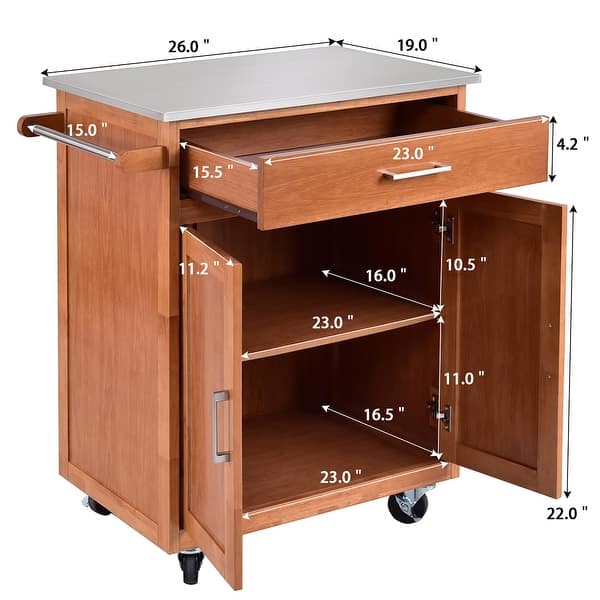 Costway Wood Kitchen Trolley Cart Stainless Steel Top Rolling Storage 28.5''L x 19''W x 35.5