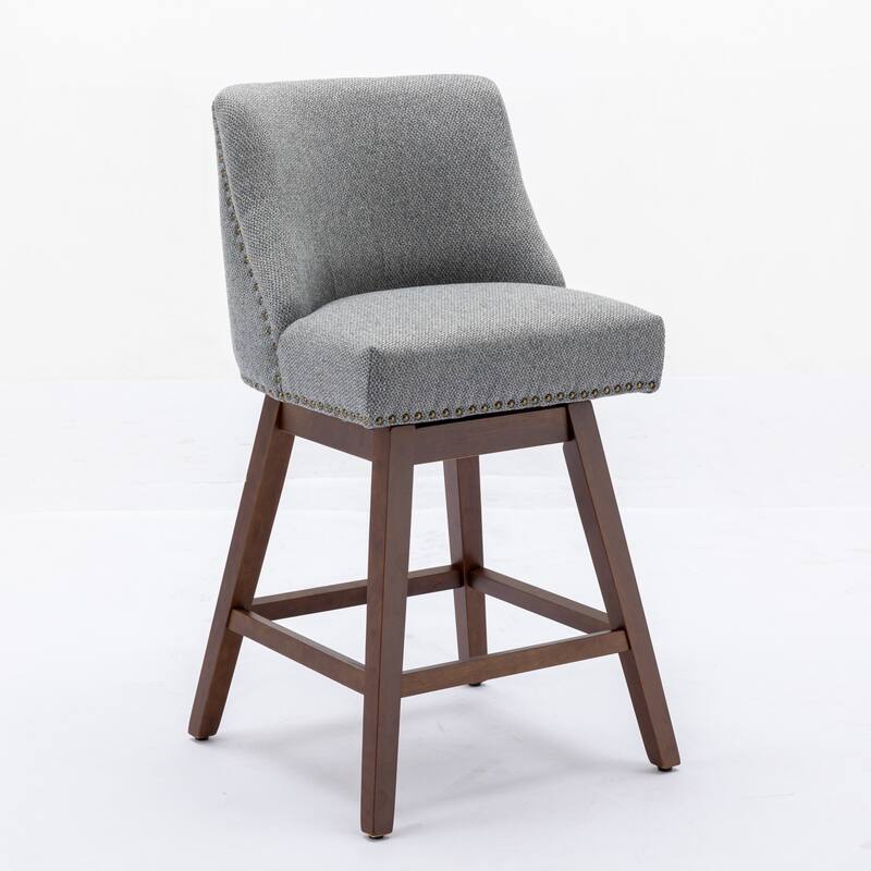 Gray Swivel Bar Stools Set of 2, Counter Height Chairs with Back & Solid Wood Legs, 26" Seat Height Thick Upholstered Barstools