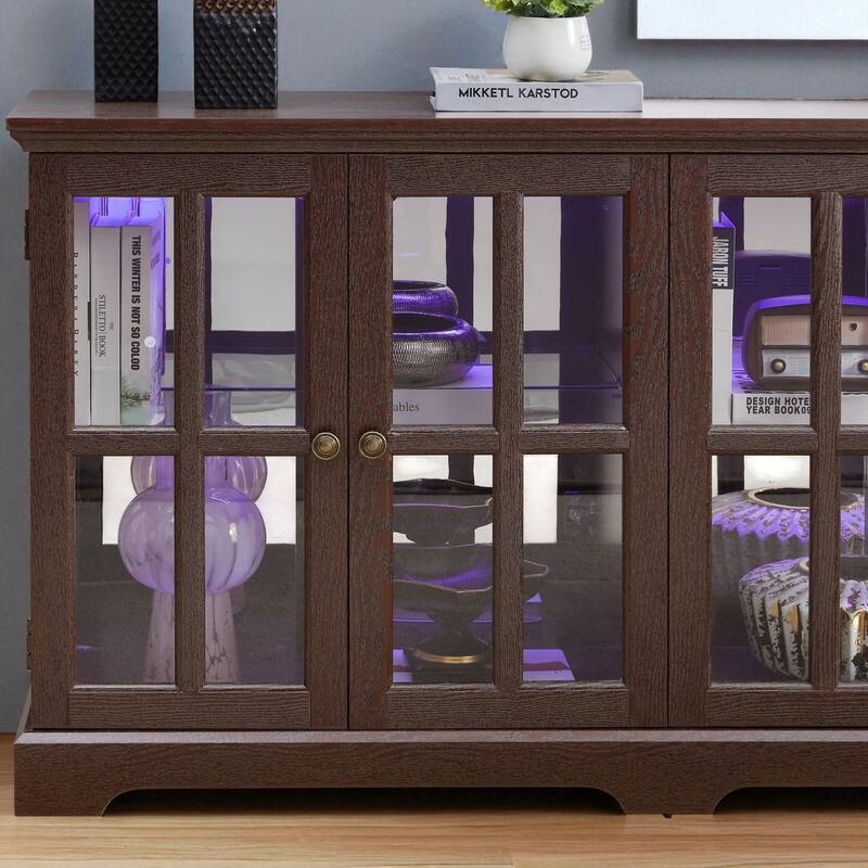 LED Antique Curio Display Cabinet with Glass Doors, Adjustable Shelves and Vintage 4-Door Design