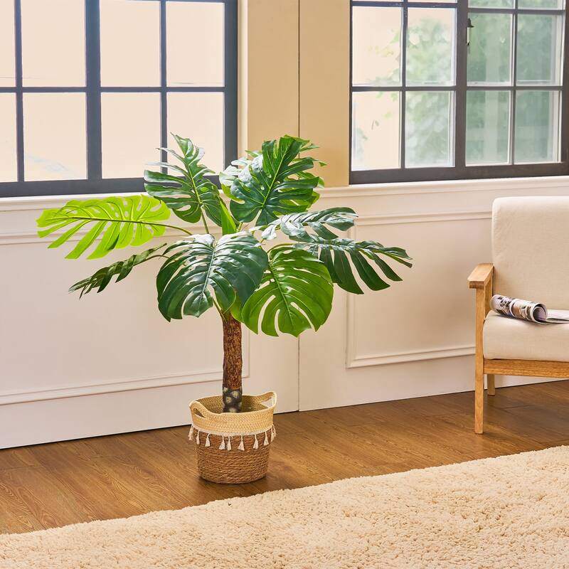 47.2 Inch Artificial Tree with Natural Wood Trunk, Faux Plant Indoor and Outdoor House Plant - Green