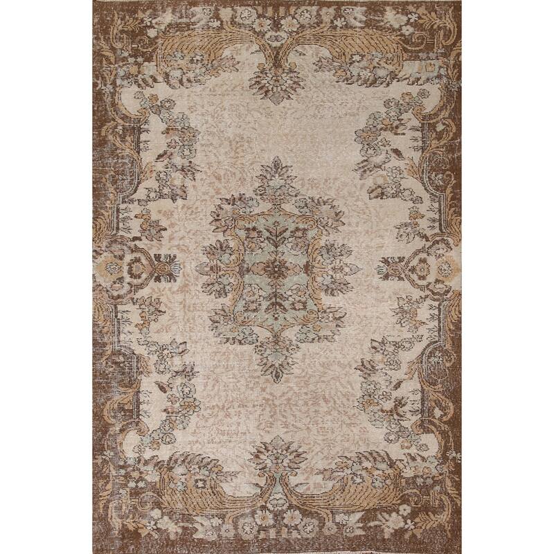 Distressed Sparta Turkish Vintage Rug Hand-Knotted Beige Wool Carpet - 5'11"x 9'1"