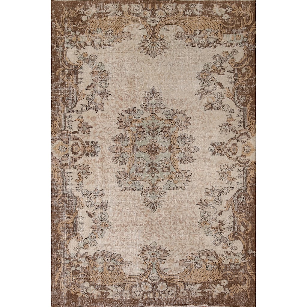 Distressed Sparta Turkish Vintage Rug Hand-Knotted Beige Wool Carpet - 5'11"x 9'1"