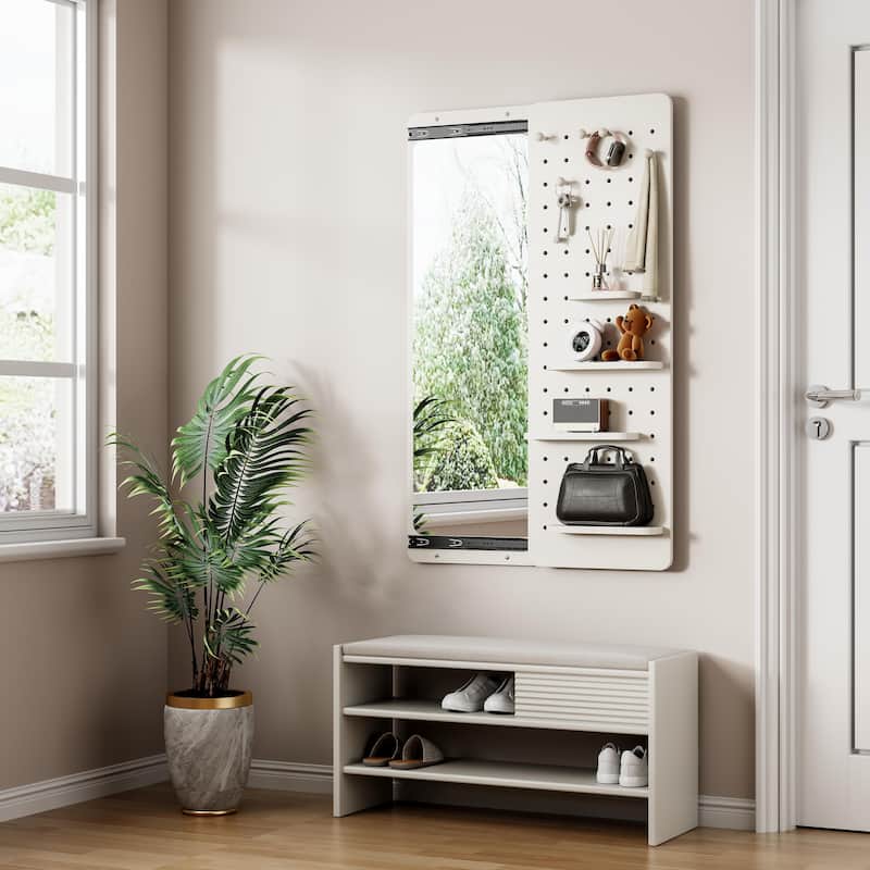 Wall Mounted Full Length Mirror with Shelf and Hook Wall Mounted Mirror with Multifunctional Design Panel(47.6*15.7in)