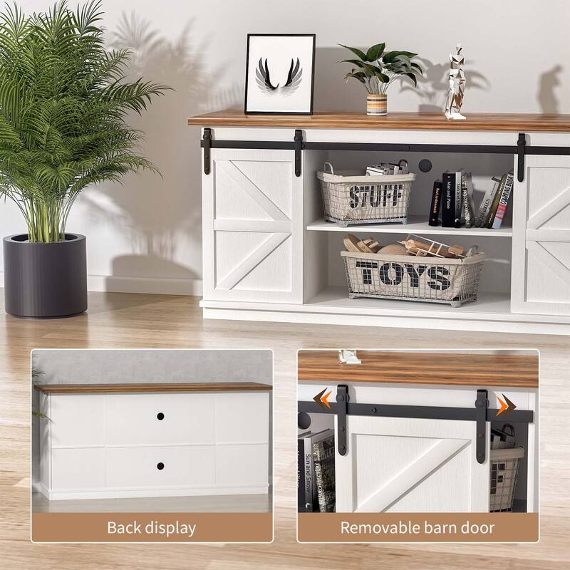 TV Stand 2 -shelf for TVs 43'' up to 65''. Simple living and Modern Mid-century, farmhouse barn door -easy to store something