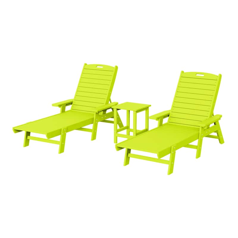 Laguna Hdpe All Weather Outdoor Patio Pool Reclining Chaise Lounges With Square Side Table (3-Piece Set) - Lime Green