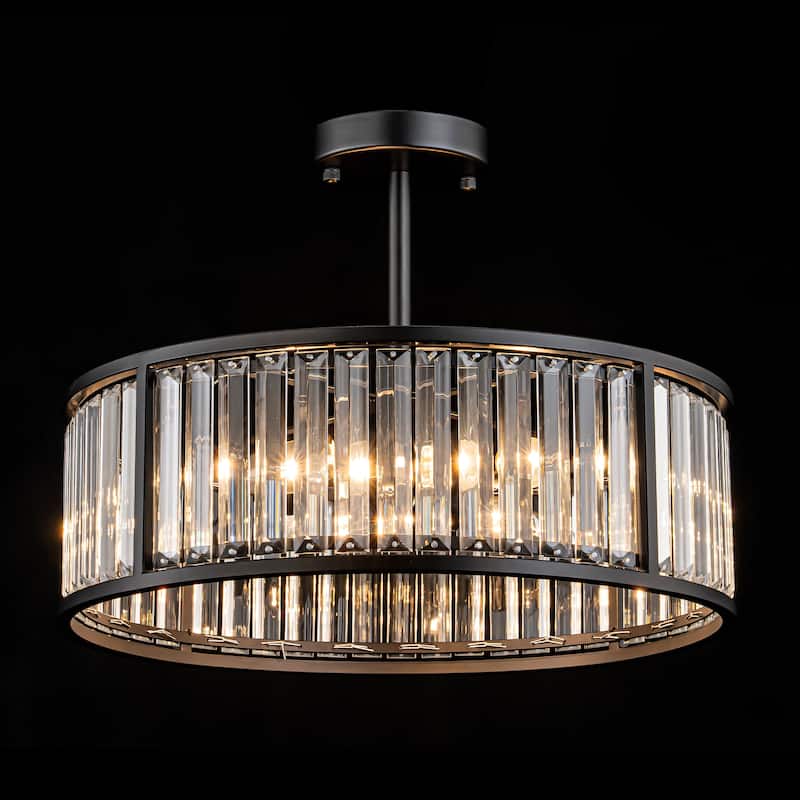 4-Light Mid-Century Modern Black Drum Crystal Semi-Flush Mount Light - 16.9 in. W x 5.7 in. H