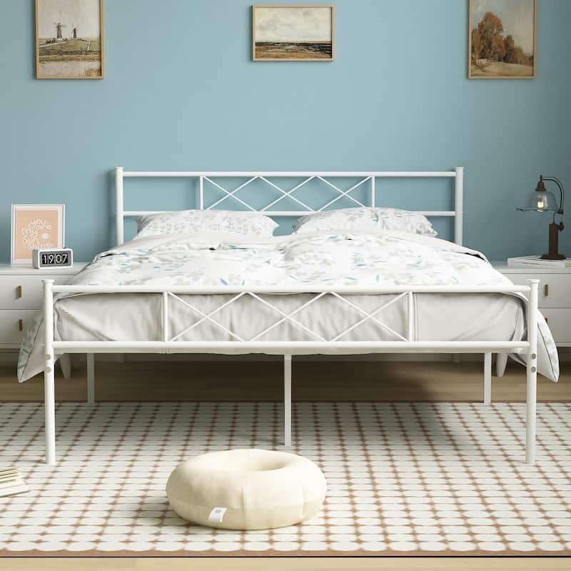 VECELO Modern Premium Metal Platform Bed Frames, Twin/Full/Queen Size Bed, Student apartment Beds - White - Queen