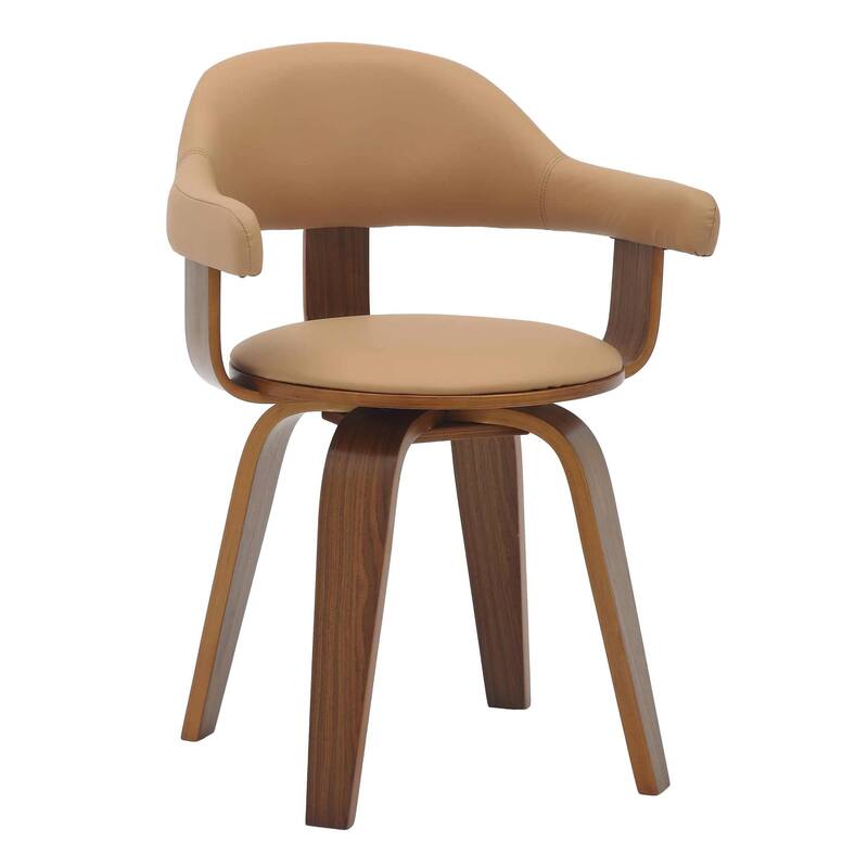 Leather Dining Chair in Solid Wood Accent Arm Chair Open Curved Back Design - Brown