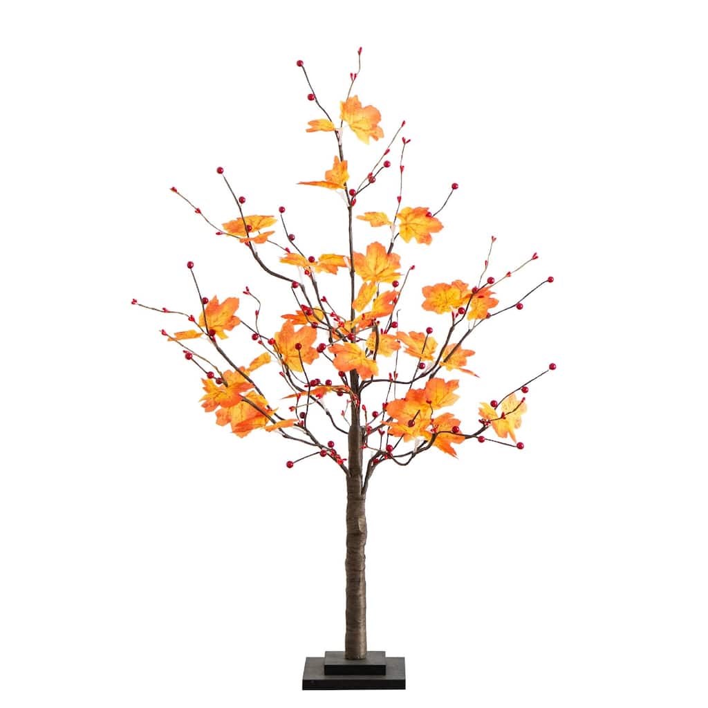 Pre-Lit Maple Artificial Fall Harvest Tree with Berries - 3' - Warm White LED Lights