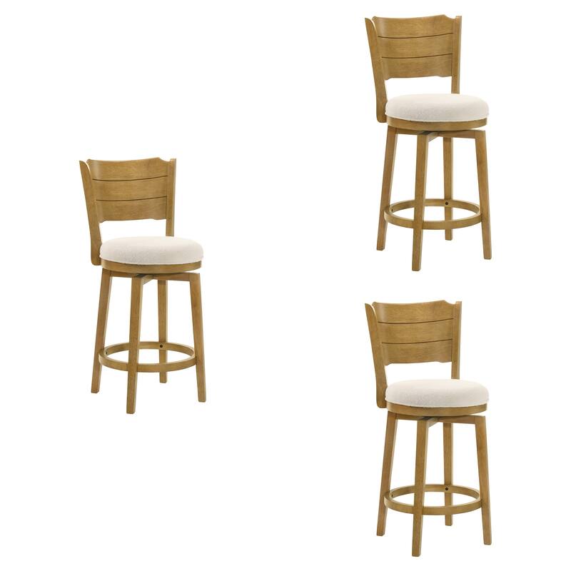 Winsley Coastal Modern Swivel Wood Counter Height Kitchen Bar Stool with White Boucle Fabric Upholstered Seat - Set of 3 - White/Amber Glow - Counter Height