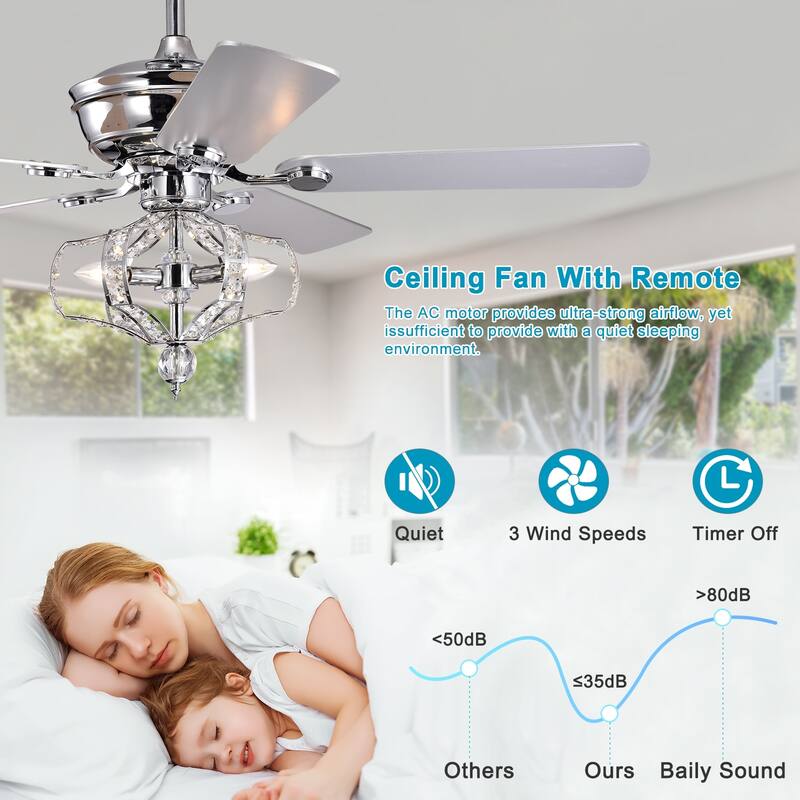 52 inch Chrome Crystal Reversible Ceiling Fan with Lights and Remote Control - 52 Inches