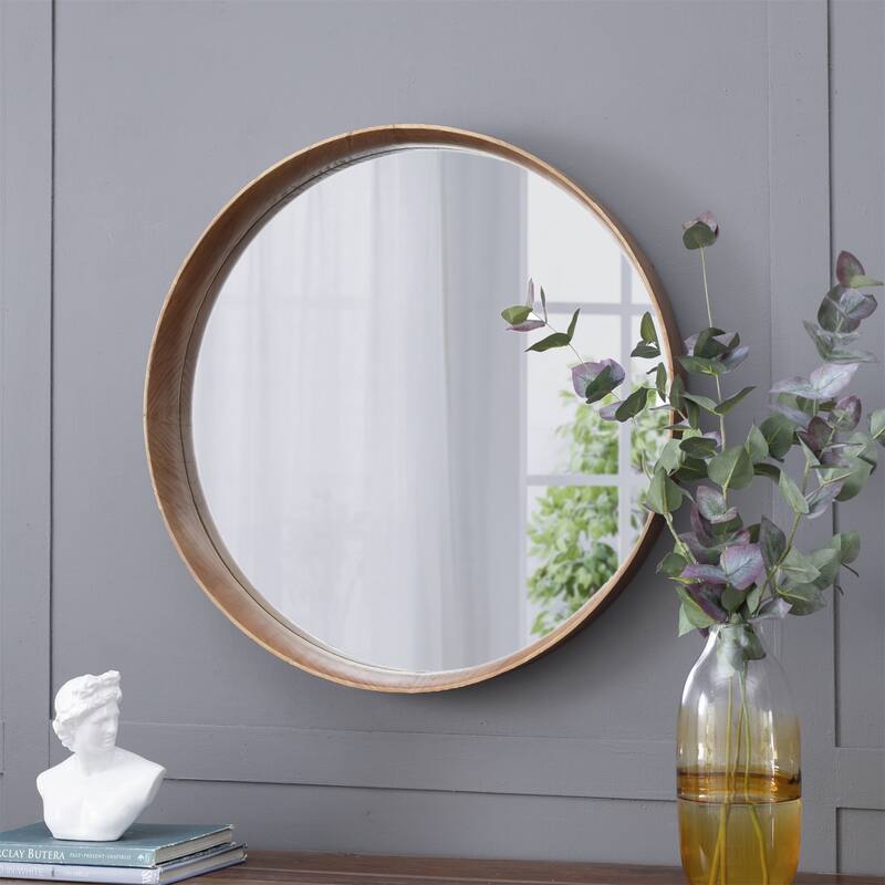 31.5" Round Pine Wood Wall Mounted Mirror