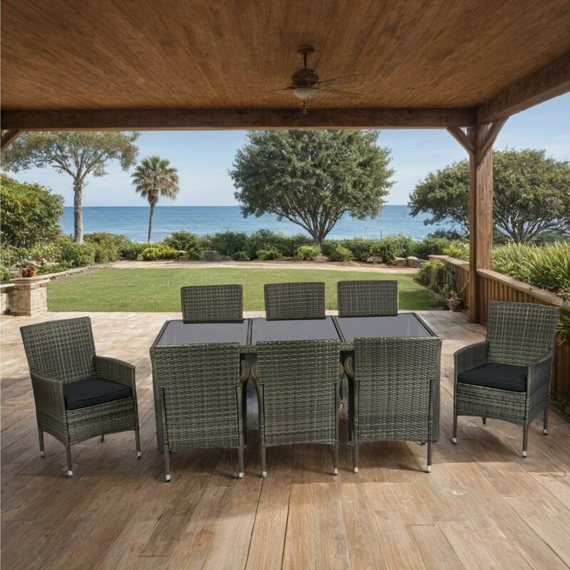 Outdoor Patio 9 Piece Wicker Dining Table Chairs Set Glass Table Top Casual Dining Table and 8 Removable Cushions Armchairs
