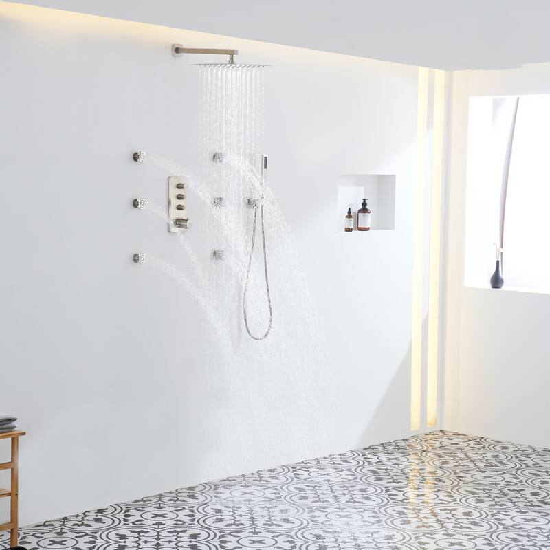 3 Functions 12 Inch Wall Mount Thermostatic Shower System in Brushed Nickel