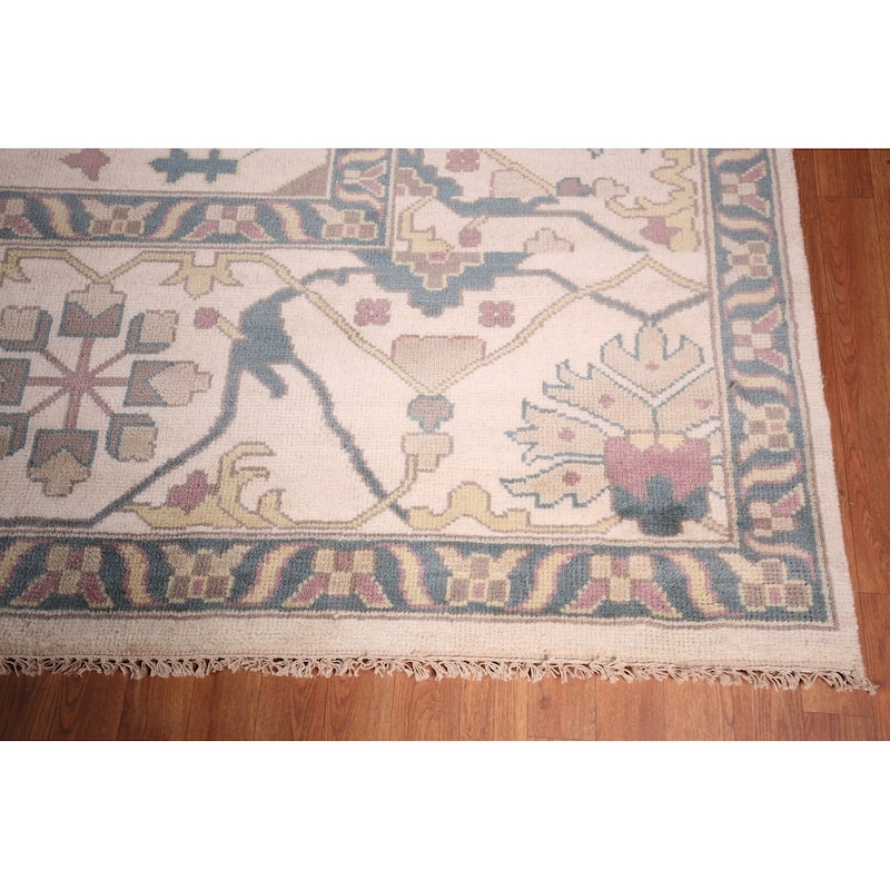 All-Over Ivory Oushak Indian Large Area Rug Handmade Wool Carpet - 12'0" x 14'10"