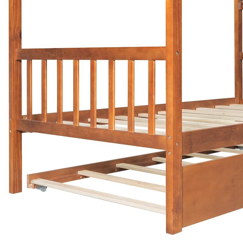 Kids Roof Platform Bed with Trundle, Twin Size House Bed Wooden Daybed Frame with Headboard and Bedtailboard for Boys, Girls