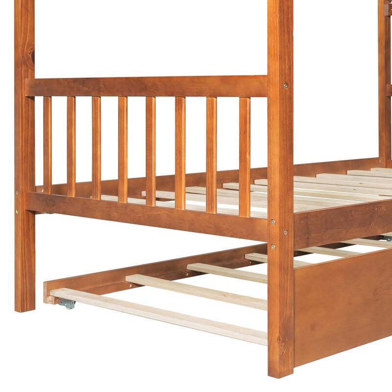 Twin Size Wooden House Bed with Trundle in Walnut Finish