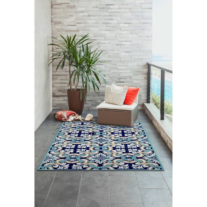 Liora Manne Ravella Floral Tile Indoor/Outdoor Rug Navy 7'6" x 9'6"