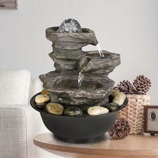4-Tier Cascading Resin-Rock Falls Tabletop Water Fountain w/LED Lights