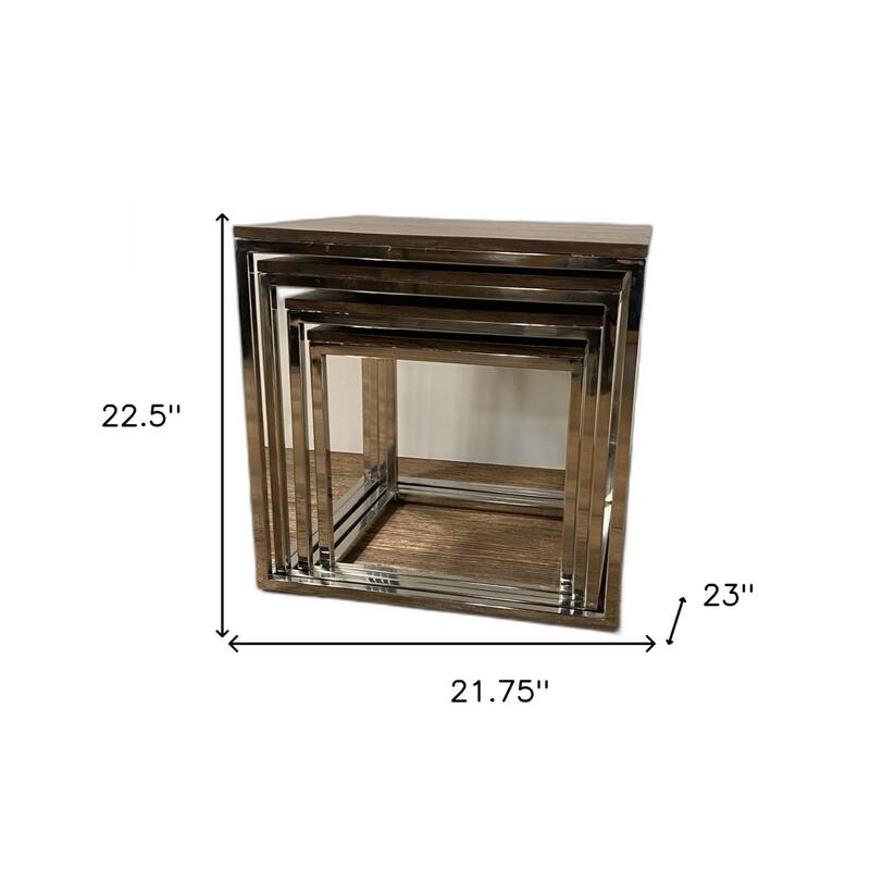 Natural Brown Solid Wood Rectangular Nesting Tables with Silver Stainless Steel Bases Set of 4