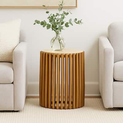 Gexy Side End Table, 18 Inch Marble Top, Slatted Drum Base, Brown