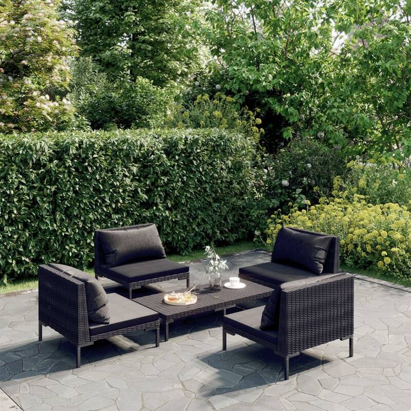 vidaXL Patio Lounge Set with Cushions Poly Rattan - 27.6" x 27.6" x 24" - Grey 5 Piece