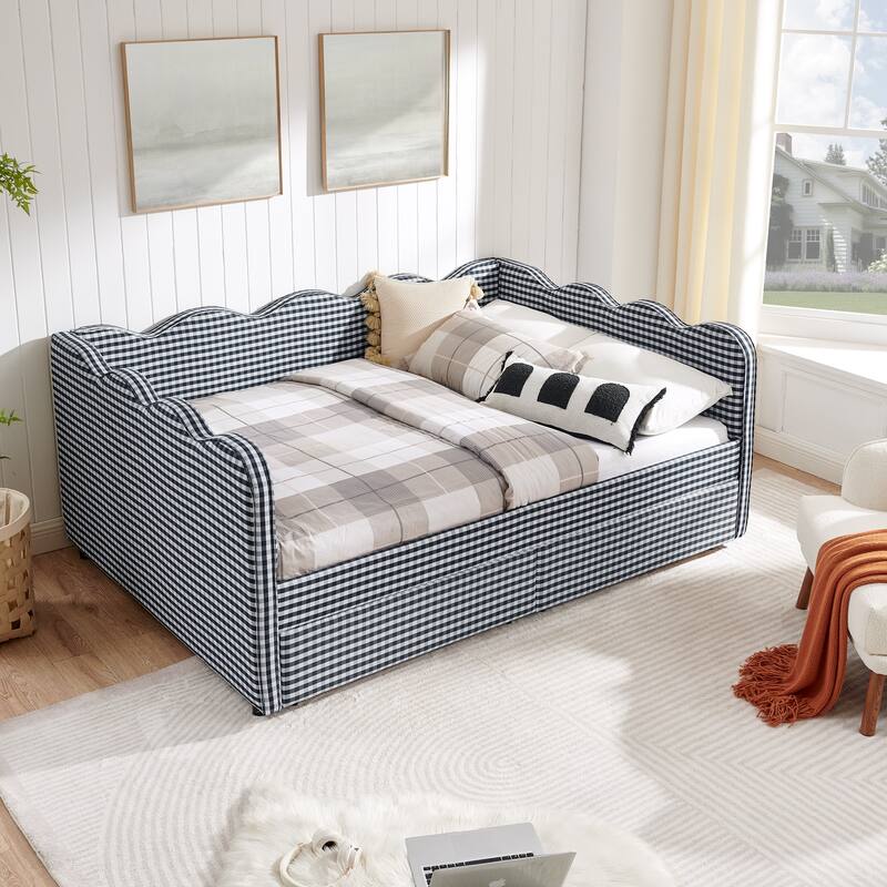 Full/Queen Gingham Daybed with 2 Storage Drawers, USB Port & Wave Shaped Linen Fabric
