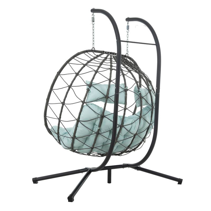 Outdoor Two-Person UV-Resistant Wicker Hanging Egg Chair Swing Chair with Stand & Water-Resistant Cushions