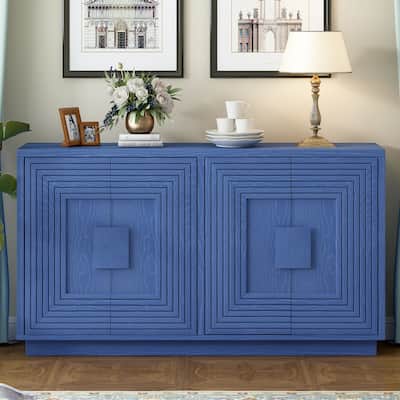 Navy Blue Buffet Cabinet Sideboard with Adjustable Shelve, Carved TV Cabinet Entryway Floor Cabinet Cupboard Console Table
