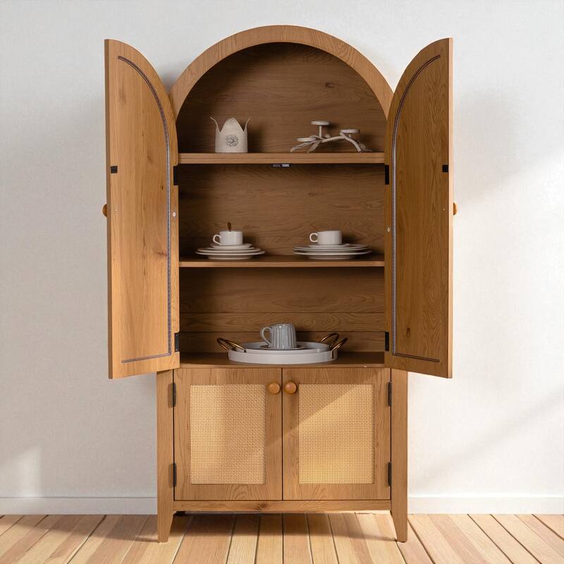 Arched Rattan Storage Cabinet with Doors and Adjustable Shelves, 63" Freestanding Pantry Cupboard.