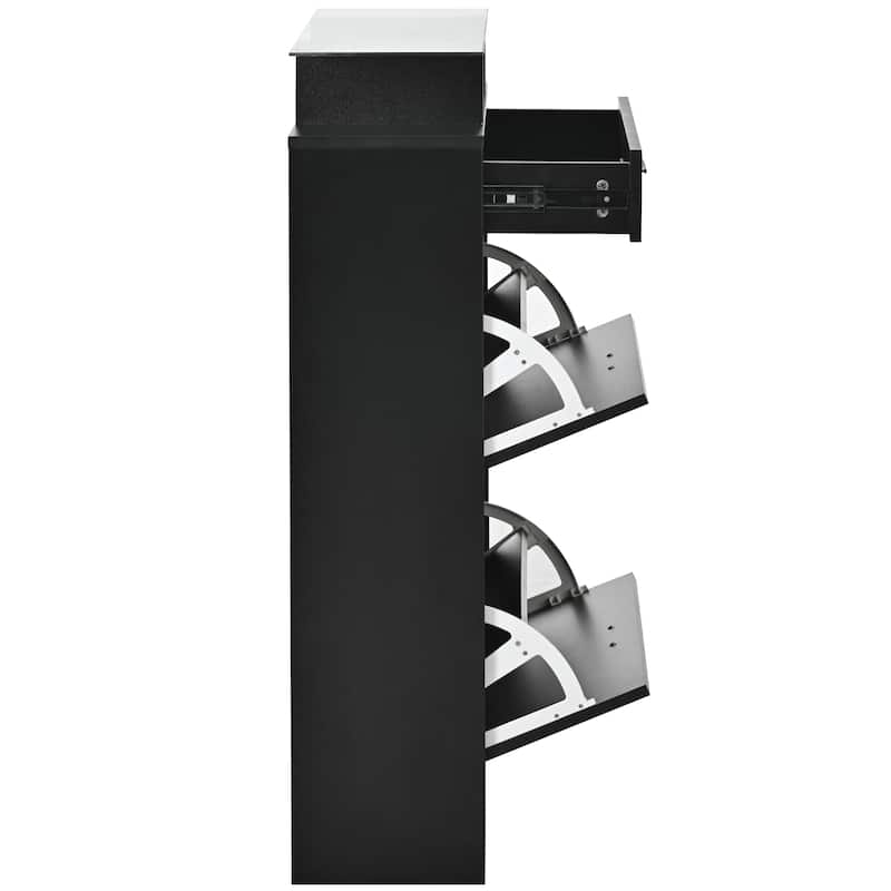 Roomfitters Modern Tipping Bucket Shoe Rack with 2 Flip Doors, Slim Entryway Organizer with Tempered Glass Top