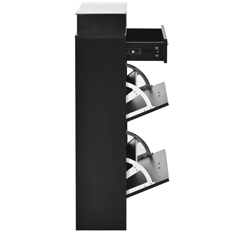 Slim Hidden Shoe Cabinet with 2 Flip Drawers, Tempered Glass Top Shoe Storage Cabinet, Freestanding LED Light Shoe Rack