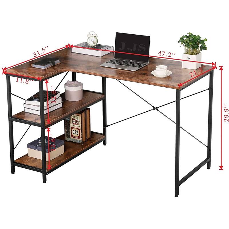 JJS L-Shaped Home Office Corner Writing Computer Desk with Build-in Bookcase
