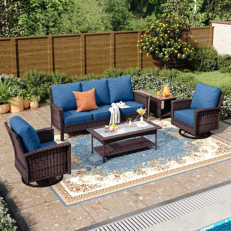 MAISON ARTS 7-Piece Extra-Large Patio Wicker Sofa Conversation Set with Table, Oversize Seat with 5.5'' Thick Padded Cushion - 5 Seats + 47'' Table + 17'' Rattan Table - Navy Blue