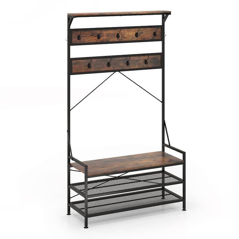 Costway Coat Rack 4-In-1 Hall Tree with 11 Hanging Hooks, Shoe Bench, - See Details