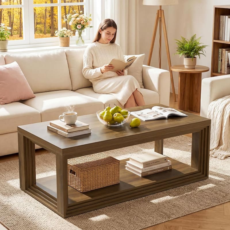 47.24" Rectangular Rustic Coffee Table With Open Storage Shelf