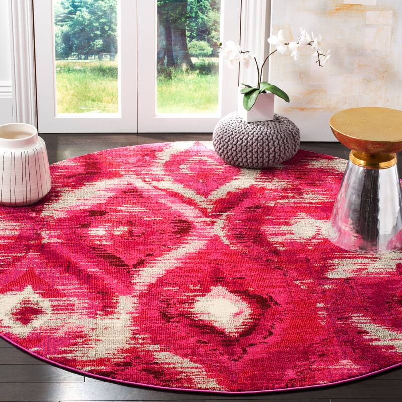 SAFAVIEH Monaco Sveva Boho Ogee Watercolor Rug - 6'7" Round - Fuchsia/Cream