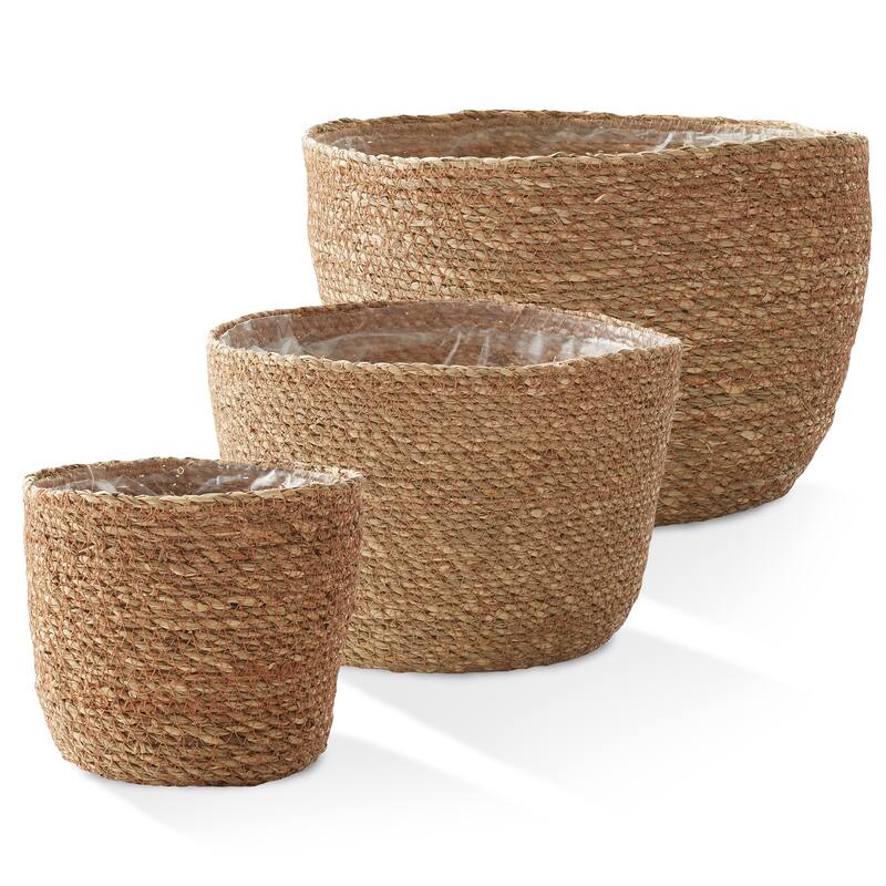Set of 3 Seagrass Planter Baskets Natural Flower Pot Covers w Liners
