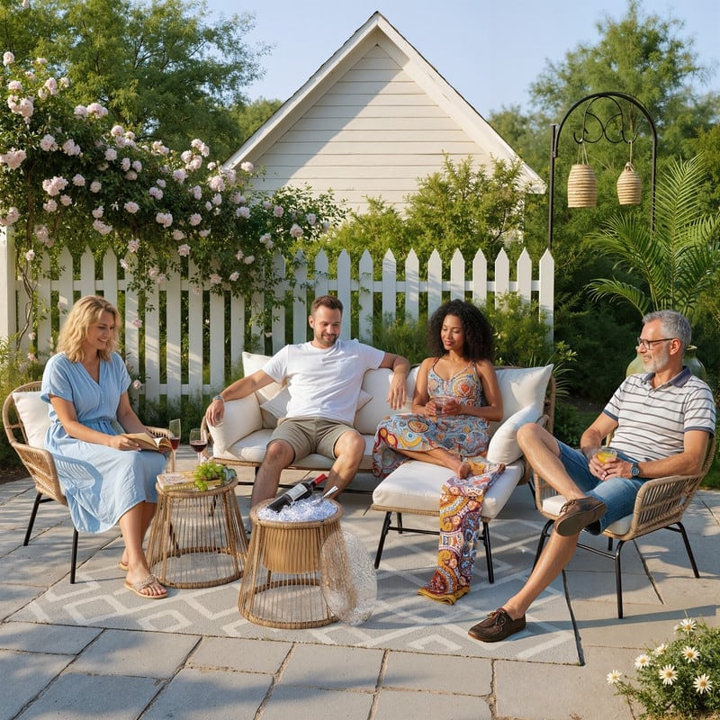 6-Piece Boho Wicker Patio Furniture Set, L-Shaped Sectional Sofa with Ice Bucket, 500 lbs Capacity Outdoor Conversation Set