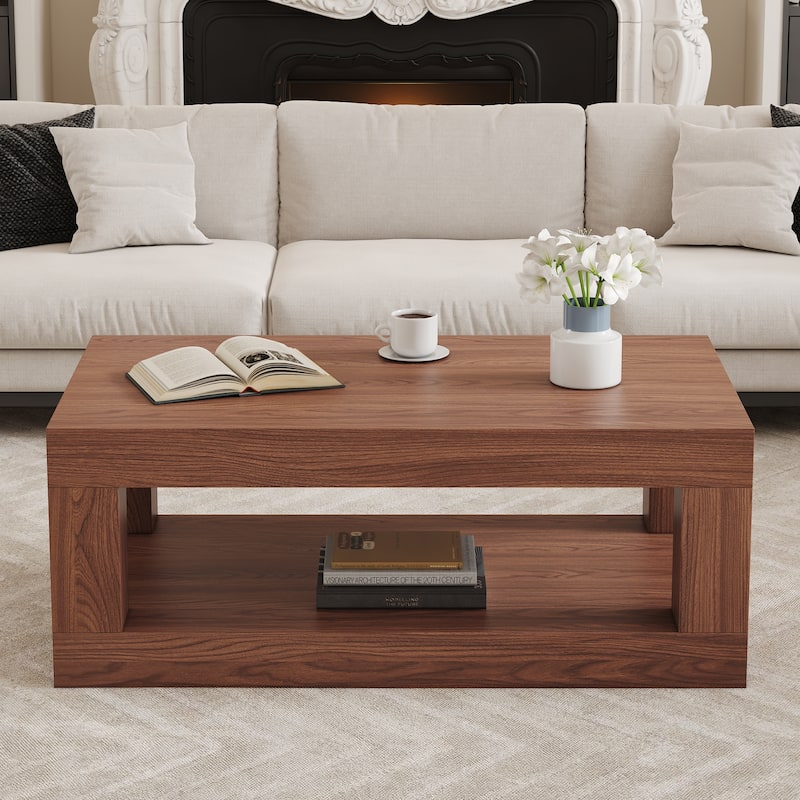 Modern 2-Tier Coffee Table, Rectangular Center Table with Open Storage Shelf, Stable and Durable, Easy Assembly