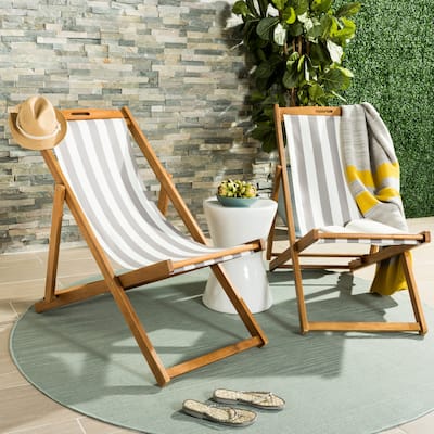 SAFAVIEH Outdoor Living Loren Foldable Sling Chair - Grey / White (Set of 2) - 23.62" W x 41.34" D x 34.25" H