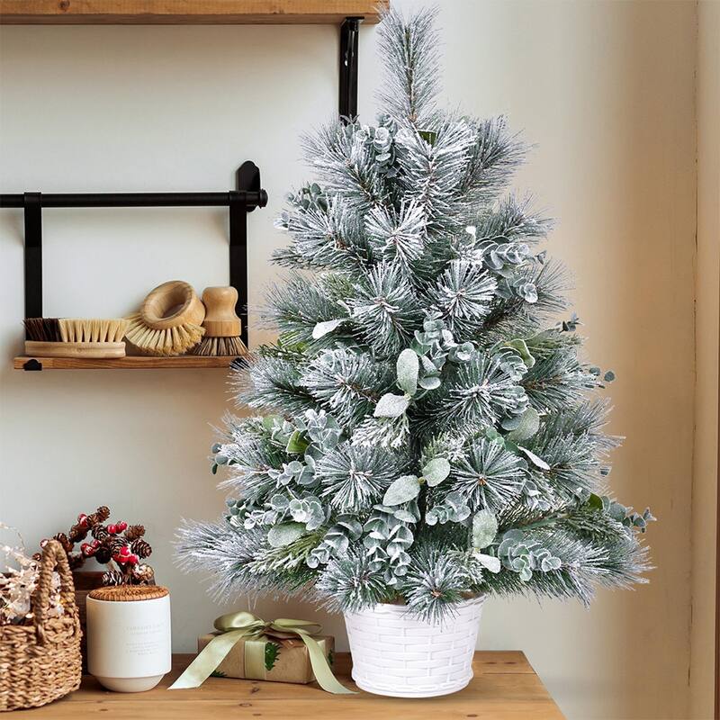 2ft Tabletop Christmas Tree with Eucalyptus & Pine Needle Accents,68 Tips,Flocked Mini Artificial Tree with Plastic Cement Base