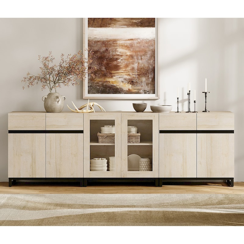 WAMPAT Modern Sideboard with Adjustable Shelves, 3 in 1 Storage Cabinet with Glass Doors, Coffee Bar Cabinet for Kitchen