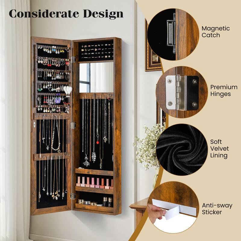 Wall Mounted or Door Hanging Jewelry Cabinet with Full Length Mirror and Inner Makeup Mirror - 12.5" x 3.7" x 43.5"