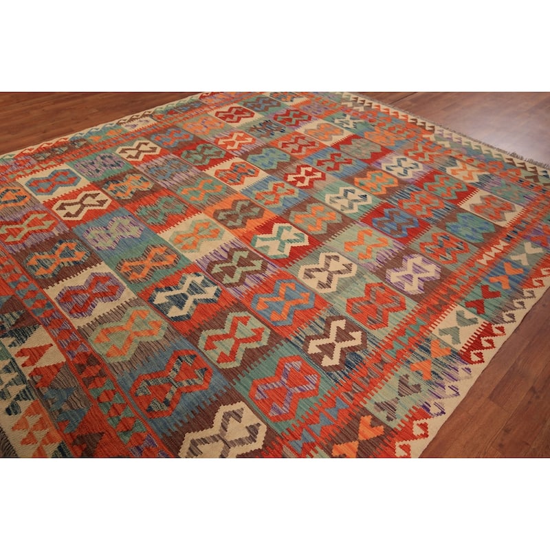 Reversible Kilim Area Rug Hand-Woven Wool Carpet - 8'5" x 9'8"