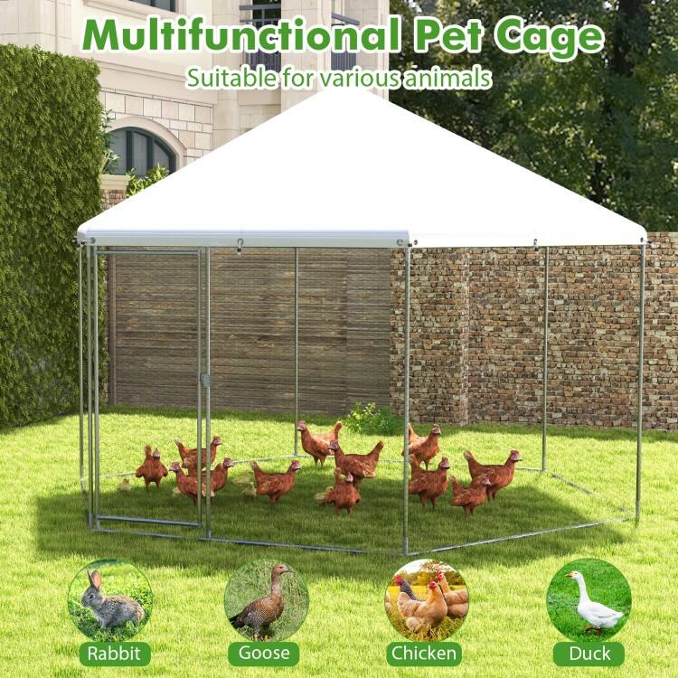 13FT Large Metal Hexagonal Chicken Coop with Wire Mesh and Lockable Door